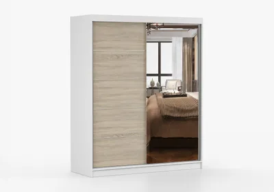 Produktbild von Schwebetürenschrank NO-BIS 05 160 cm Weiß/Sonoma mit Spiegel, Kleiderschrank 2-türig, Schrank mit Schiebetüren & Zierleisten