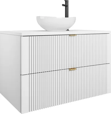 Produktbild von Easy4You Unterschrank DAKI 80 cm Weiß mit Goldgriffe Hängeschrank Badschrank Badezimmerschrank mit 2 Schubladen - Geriffelte Front
