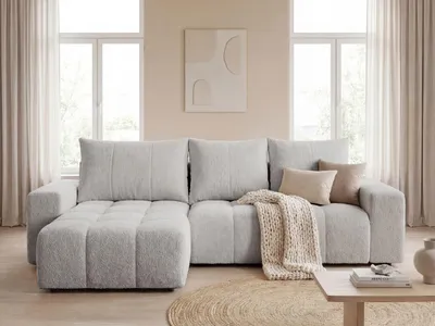 Produktbild von GrainGold Ecksofa L-Form Bresso - Ecksofa mit Schlaffunktion, Bettkasten - Moderne Ecksofa, Wohnzimmer Sofa - Eckcouch mit Bouclé-Stoff - Hellgrau