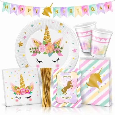 Produktbild von Einhorn Geburtstagsdeko Partyset gold pastell Kindergeburtstag Party Deko