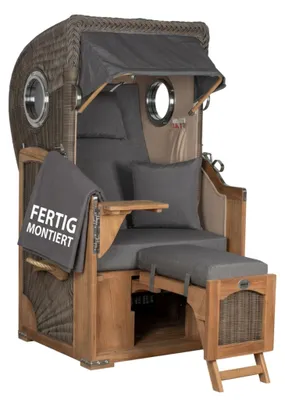 Produktbild von Strandkorb Düne Single Teak PE Grey 1-Sitzer Volllieger mit Bullaugen wetterfest und robust