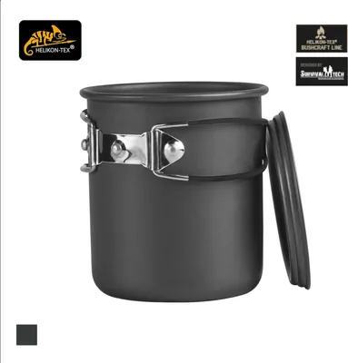 A gray metal camping pot with a lid and handle, shown against a white background with brand logos.