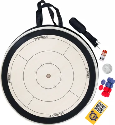 Produktbild von Crokinole Europe - Crokinole Lite Set Tischspiel - Turnierspielfeld, 26 Scheiben, Karrompulver + Tasche - Handgefertigter Spaß für die ganze Familie