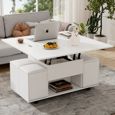 Produktbild von MODFU Couchtisch Anhebbarer, der Desktop kann 2 Tische öffnen, Wohnzimmertisch für Wohnzimmer, Schlafzimmer, Beistelltisch Multifunktionstisch, Weiß