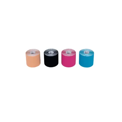 Four rolls of kinesiology tape in different colors are arranged in a row on a white background.