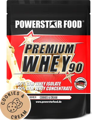 Produktbild von Powerstar PREMIUM WHEY 90 | 90% Protein i.Tr. | Whey-Protein-Pulver 850 g | 55% CFM Whey Isolat & 45% CFM Konzentrat | Eiweiß-Pulver Cookies&Cream