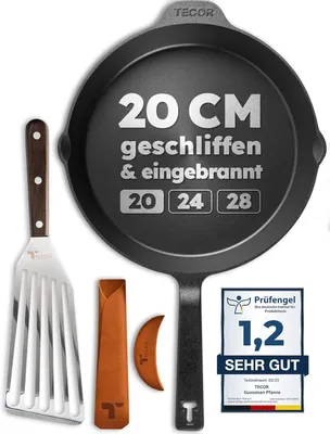 Produktbild von TECOR Gusseisenpfanne induktion 20 cm geschliffen, universell, natürlich - Langlebige Pfanne Gusseisen 20 cm - Antihaft Gusspfanne induktion 20 cm