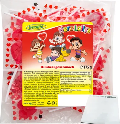 Produktbild von Woogie Herzlollys Himbeergeschmack (175g Packung) + usy Block