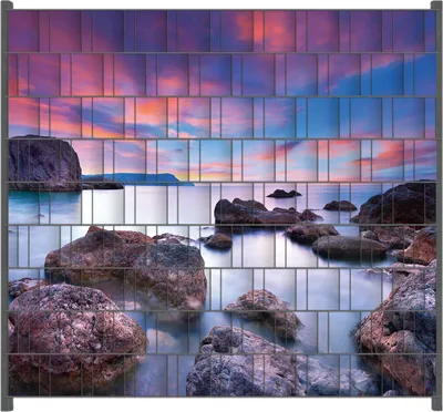 Produktbild von Wallario Zaunsichtschutz mit Motiv Seelandschaft in blau und rot mit großen Felsen für Ein- und Doppelstabmatten Zäune in der Größe 200 x 180 cm