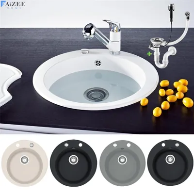 A white sink with a chrome faucet is filled with water, sitting on a black countertop. Several small yellow fruits are scattered on the countertop to the right of the sink. Below the main image, four different colored sinks are displayed in a collage.