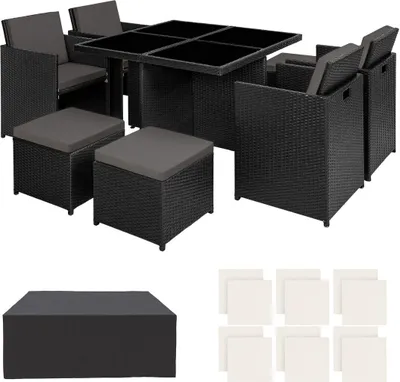 Image de Salon de jardin MANHATTAN 8 places avec 2 sets de housses + housse de protection, variante 2 - noir