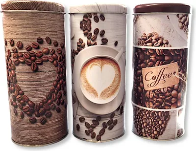 Three coffee tins with coffee bean and coffee cup designs.