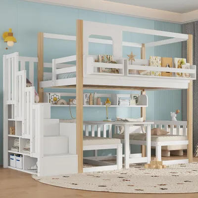 Obrázek produktu pro MODFU Patrová postel funkční postel 90x200 s úložnými schody dětská postel s multifunkčním výškově nastavitelným stolem a knihovnou rám postele s otevřenými policemi bez matrace bílá