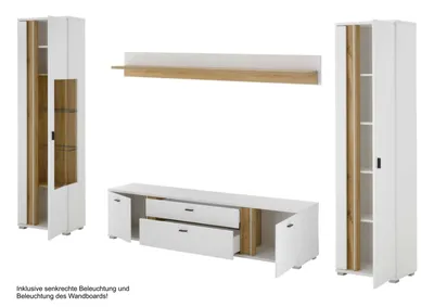 A set of modern white and wood furniture, including a tall cabinet, a media console, and a wall shelf.