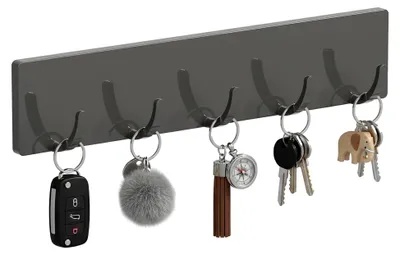 Produktbild von Schlüsselbrett ohne Bohren, Schlüsselhaken mit 5 Haken, selbstklebender Schlüsselhalter in Grau für Wohnzimmer und Küche