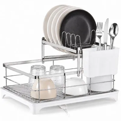 Produktbild von Caryota Verstellbares Geschirrabtropfgestell aus Edelstahl – Abtropfgestell mit Besteckhalter und Auffangschale, 40 × 28 × 29,5 cm, Silber