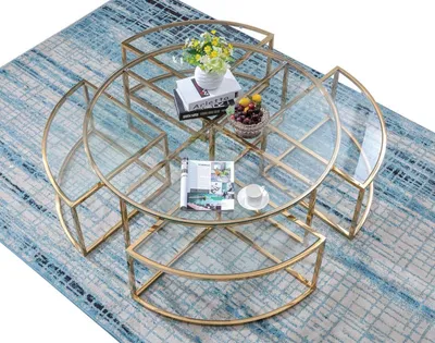 Produktbild von Runder Designer Glas Couch Edelstahl Sofa Tisch Wohn Design Rund Metall Gold Neu