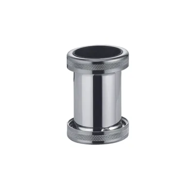 A chrome pipe coupling with two threaded connections, presented on a white background.