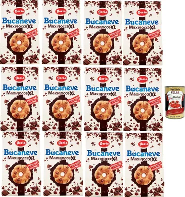 Produktbild von Doria Bucaneve Maxigocce XL Frollini con Gocce di Cioccolato Kekse mit Schokoladentropfen Biscuits Cookie 12x 300g Ideal für Ihr Frühstück oder Ihren Snack + Itlaian Gourmet polpa 400g