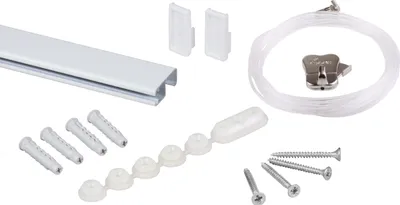 A collection of picture hanging hardware components laid out on a white background.