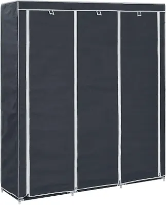 Productafbeelding van Kledingkast met vakken en stangen, zwart, 150x45x175cm. Stoffen wasrek voor slaapkamer, kinderkamer of hal. Opbergoplossing
