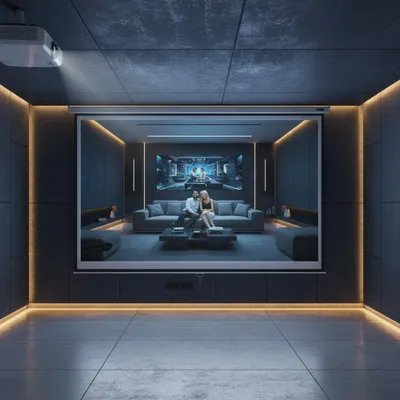 A couple is watching a movie in a home theater.