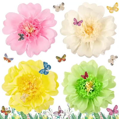 Productafbeelding van Papieren bloemengebruik, pompons, decoratieset, 4 stuks, pastelkleuren, 50 cm, met vlinders