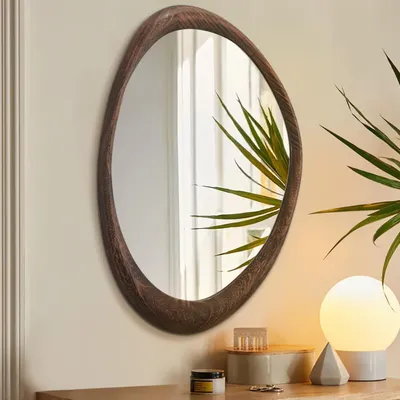 Image de Miroir mural rustique, couleur marron vintage, dimensions 70 x 50 cm, forme asymétrique