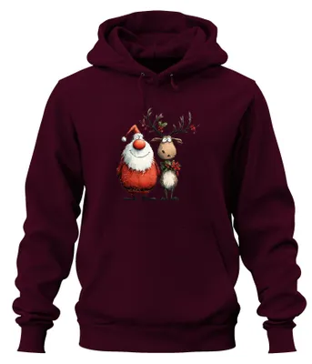 Produktbild von Lustiger Weihnachtsmann und Rentier Cartoon Weihnachten Hoodie Kapuzenpullover, Burgundy, M