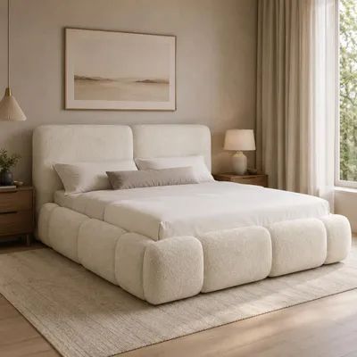 Produktbild von Home Collective Polsterbett Bubble Bouclé | Doppelbett mit Stauraum & Lattenrost | 120x200 cm in Creme, KI-generiertes Bild