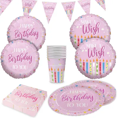 Produktbild von Happy Birthday Rosa – Partyset 41-tlg. mit Tellern, Bechern, Servietten, Ballons