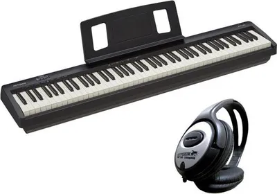 A Roland digital piano and a pair of headphones are displayed on a white background.