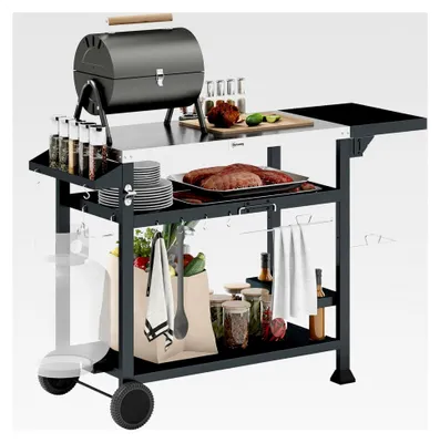 Produktbild von Grillwagen mit klappbarem Beistelltisch, Servierwagen mit 3 Etagen, 6 Haken, Rollen und Weinregal, Grill Trolley mit Edelstahl-Tischplatte für den Außenbereich, Schwarz