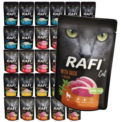 Zdjęcie produktu dla Rafi Cat Adult Mix Smaków 30x100g Bezzbożowa Mokra Karma Dla Kota Dorsz Cielęcina Kurczak Kaczka