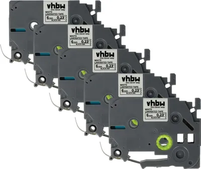 Produktbild von vhbw 5x Schriftband-Kassette kompatibel mit Brother PT 1230PC, 1200P, 1200, 1090, 1080, 1010, 1000-Serie Etiketten-Drucker 8m x 6mm Schwarz auf Weiß