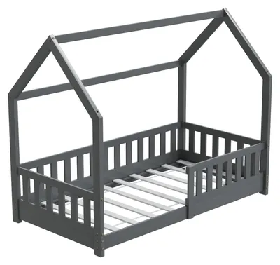 Produktbild von HAGO24 Kinderbett 80x160cm Grau Hausbett Dach Rausfallschutz Massivholz Kiefer Spielbett Lattenrost Bodentief Montessori