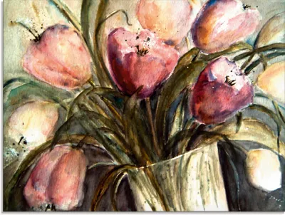 Produktbild von ARTland Glasbild Lila Tulpen in Vase Größe: 60x45 cm