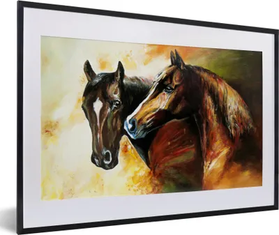 Produktbild von MuchoWow® Gerahmtes Poster Malerei - Pferde - Tiere - Ölgemälde 60x40 cm - Poster mit Schwarzem Bilderrahmen Wandposter Rahmen Foto Bilder - Schlafzimmer - Plakat in Rahmen - Drucken