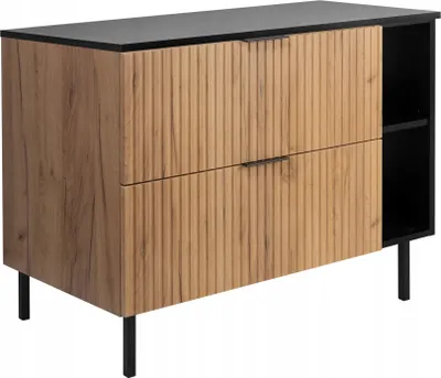 A product shot of a bathroom cabinet with a wood-grain finish and black accents, set against a white background.