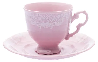 Zdjęcie produktu dla Filiżanka do kawy ze spodkiem, 0,15 l, Sonata, biała koronka, różowa porcelana, Leander