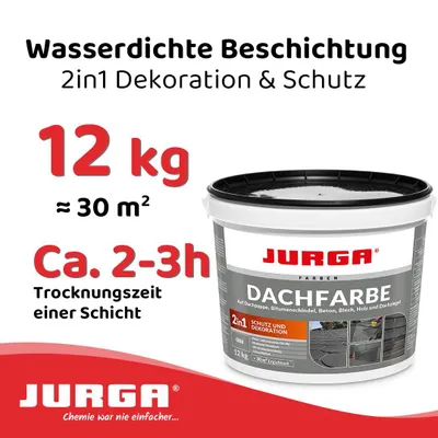 Produktbild von Jurga Dachfarbe Grau 12 kg, Sockelfarbe WASSERDICHT, Fassadenfarbe für Außen, Dachbeschichtung für Blechdach, Bitumen, Dachpappe, Schindeln Putz