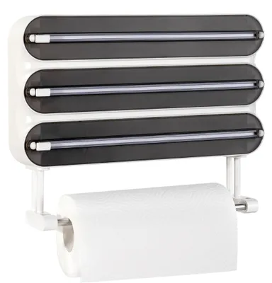 Produktbild von 4-in-1-Spender für Frischhaltefolie mit Papierhandtuchhalter – Platzsparende Wandmontage, magnetisch und ohne Bohren montierbar, Folienschneider für Frischhaltefolie und Alufolie – Saubere Schnitte, schwarz