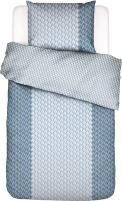 A top-down view of a bedding set laid out on a white surface.