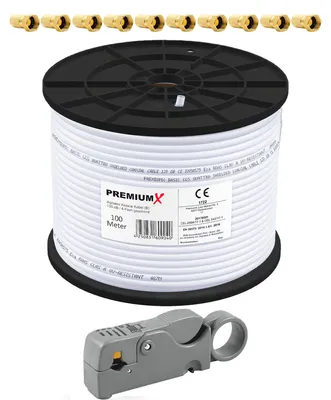Produktbild von PremiumX 100m BASIC Koaxialkabel 135dB SAT Kabel Abisolierer 10x F-Stecker