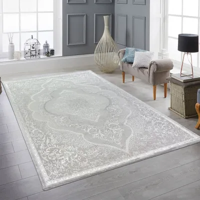 Produktbild von Orient Teppich mit Verzierungen Hoch-Tief Effekt grau beige Größe - 80 x 300 cm
