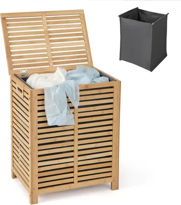 Produktbild von GOPLUS 80L Bambus Wäschekorb, Wäschetruhe mit Deckel, Wäschebox mit abnehmbarem Wäschesack, für Badezimmer, Schlafzimmer & Wohnzimmer, Natur