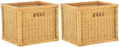 Produktbild von KRINES HOME Stabiles Set / 2 Regalkorb mit Holzrahmen Schubfach aus echtem Rattan / Schübe Box zur Aufbewahrung Regalkorb Schrankkorb Griff (Honig Glanz, Set 42x32x32)