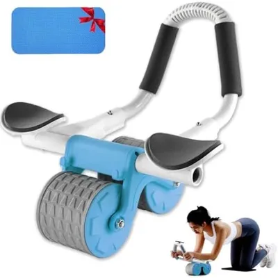 Produktbild von PolkaHome® Automatische Rebound-Bauchrolle mit Ellbogenstütze und Knieschoner – Doppelräder, 10 cm, Blau