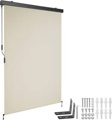 A beige roller blind with a black mechanism and a set of mounting hardware.