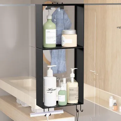 Produktbild von Ibenzoa® Hängendes Duschregal aus Edelstahl – 2 Ablagen + 2 Haken, ohne Bohren, für Glasduschtüren 12–28 mm, 52 cm, Schwarz